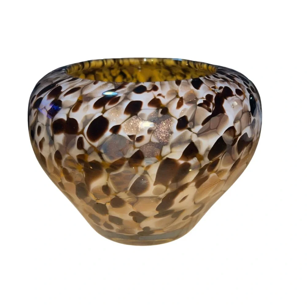 Vintage Murano Style Hand Blown Leopard Tortoiseshell Art Glass Vase Bowl